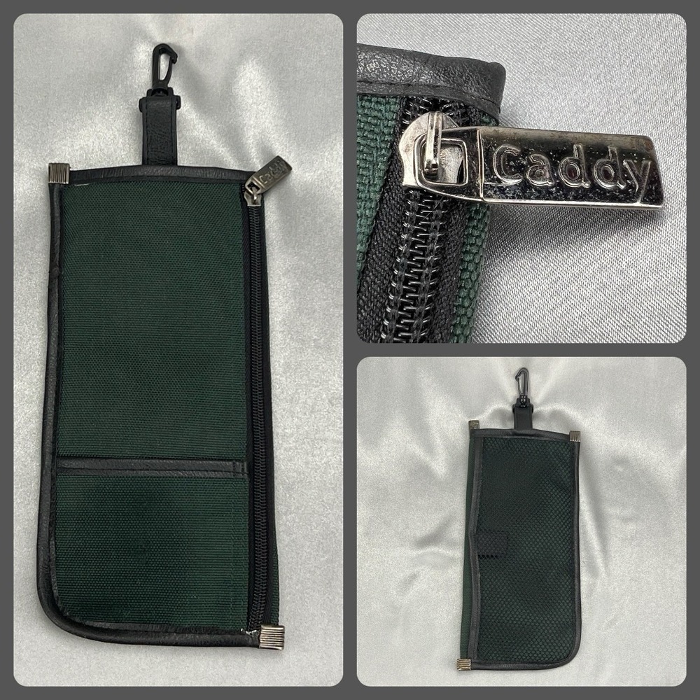 Caddy Brand Green Zipper Pouch w/ Carabiner Leather Accents‎ Golf Bag Clip VTG